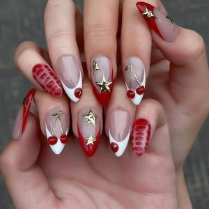 imageBABALAL Red Nails Press on Almond Medium Fake Nails Burgundy French Tip Glue on Design Acrylic 24Pcs Full Cover False Nails Stick on Christmas ManicureBNT208