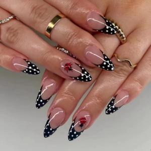 imageBABALAL Red Nails Press on Almond Medium Fake Nails Burgundy French Tip Glue on Design Acrylic 24Pcs Full Cover False Nails Stick on Christmas ManicureBNT207
