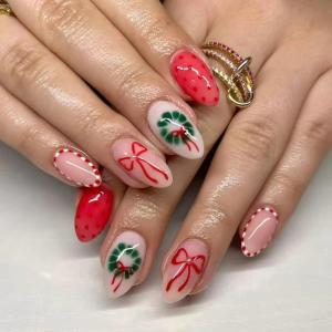 imageBABALAL Red Nails Press on Almond Medium Fake Nails Burgundy French Tip Glue on Design Acrylic 24Pcs Full Cover False Nails Stick on Christmas ManicureBNT206xmas2