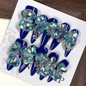 imageBABALAL Gold Press on Nails Long Stiletto Fake Nails Luxury Rhinestone Bow Charm Design Handmade Custom 10Pcs Nail Tip Bling Shiny Acrylic False NailsBNCU109