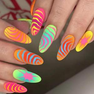 imageBABALAL Short Oval Press on Nails Cheetah Fake Nails French Tip Glue on with Star Y2k Design Fall Round Glossy Full Cover Acrylic False Nails ArtANU01star