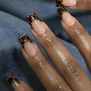 imageBABALAL Short Oval Press on Nails Cheetah Fake Nails French Tip Glue on with Star Y2k Design Fall Round Glossy Full Cover Acrylic False Nails ArtANU08