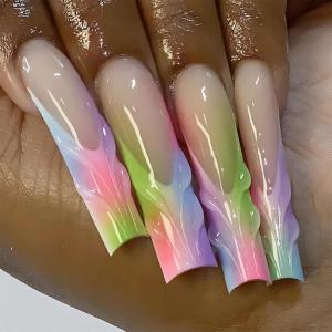 imageBABALAL Press on Nails Long Square Fake Nails Green French Tip Glue ons Gold Charm Luxury Design 24Pcs XL Glossy Acrylic False Nails ManicureANF03colorful