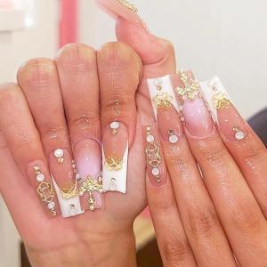 imageBABALAL Press on Nails Long Square Fake Nails Green French Tip Glue ons Gold Charm Luxury Design 24Pcs XL Glossy Acrylic False Nails ManicureANF09