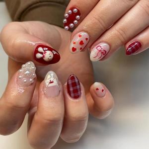 image:imageBABALAL Press on Nails Medium Almond Fake Nails Colorful Anime Glue ons Design Rabbit Sheep Flower Y2k Manicure Supplies Handmade Art 24Pcs Glossy Custom Full Cover Acrylic False Nails for Women GirlsBNX106red