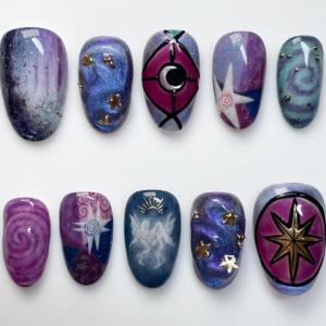 image:imageBABALAL Press on Nails Short Oval Fake Nails Blue Goth Glue ons Star Moon Y2k Design Supplies Art Swirl Galaxy Glossy Round 24Pcs Full Cover Acrylic False Nails for Women GirlsBNI306