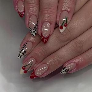 image:imageBABALAL Press on Nails Medium Round Fake Nails Red French Tip Glue on Bow Acrylic Nails Cute 24Pcs Glossy Stick on Valentine Artificial Manicure Oval False NailsBNPA121