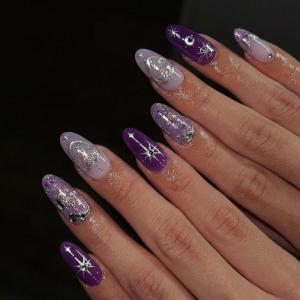 image:imageBABALAL Short Round Press on Nails  Purple Fake Nails Glitter Shiny Design Heart Moon Star Trendy Y2k Glossy Acrylic False Nails with CharmBFNZ011