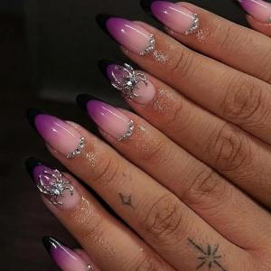 image:imageBABALAL Short Round Press on Nails  Purple Fake Nails Glitter Shiny Design Heart Moon Star Trendy Y2k Glossy Acrylic False Nails with CharmBFNZ019