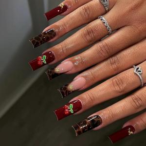 image:imageBABALAL Winter Press on Nails Long Square Fake Nails Black French Tip Glitter Bling Glue on Snowflake Charm Luxury New Year Design 24Pcs Full Cover False Acrylic Nails New YearANRb15cherry