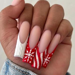 image:imageBABALAL Winter Press on Nails Long Square Fake Nails Black French Tip Glitter Bling Glue on Snowflake Charm Luxury New Year Design 24Pcs Full Cover False Acrylic Nails New YearANRb09