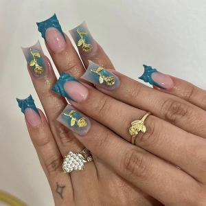 image:imageBABALAL Winter Press on Nails Long Square Fake Nails Black French Tip Glitter Bling Glue on Snowflake Charm Luxury New Year Design 24Pcs Full Cover False Acrylic Nails New YearANRb15blue