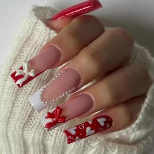 image:imageBABALAL Winter Press on Nails Long Square Fake Nails Black French Tip Glitter Bling Glue on Snowflake Charm Luxury New Year Design 24Pcs Full Cover False Acrylic Nails New YearANRb16red