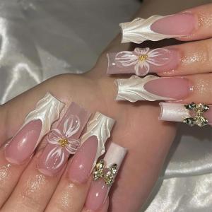 image:imageBABALAL Winter Press on Nails Long Square Fake Nails Black French Tip Glitter Bling Glue on Snowflake Charm Luxury New Year Design 24Pcs Full Cover False Acrylic Nails New YearANRb15white
