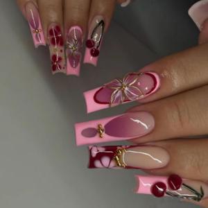 image:imageBABALAL Winter Press on Nails Long Square Fake Nails Black French Tip Glitter Bling Glue on Snowflake Charm Luxury New Year Design 24Pcs Full Cover False Acrylic Nails New YearANRb04cherry