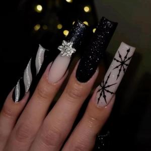 image:imageBABALAL Winter Press on Nails Long Square Fake Nails Black French Tip Glitter Bling Glue on Snowflake Charm Luxury New Year Design 24Pcs Full Cover False Acrylic Nails New YearANRb15snow