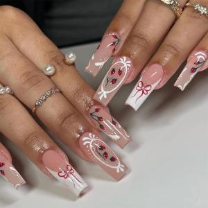 image:imageBABALAL Winter Press on Nails Long Square Fake Nails Black French Tip Glitter Bling Glue on Snowflake Charm Luxury New Year Design 24Pcs Full Cover False Acrylic Nails New YearANRb12
