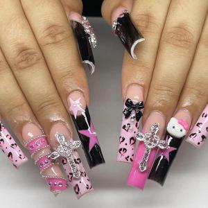 image:imageBABALAL Winter Press on Nails Long Square Fake Nails Black French Tip Glitter Bling Glue on Snowflake Charm Luxury New Year Design 24Pcs Full Cover False Acrylic Nails New YearANRb03