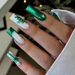 image:imageBABALAL Winter Press on Nails Long Square Fake Nails Black French Tip Glitter Bling Glue on Snowflake Charm Luxury New Year Design 24Pcs Full Cover False Acrylic Nails New YearANRb23