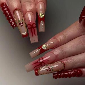image:imageBABALAL Winter Press on Nails Long Square Fake Nails Black French Tip Glitter Bling Glue on Snowflake Charm Luxury New Year Design 24Pcs Full Cover False Acrylic Nails New YearANRb15redbow