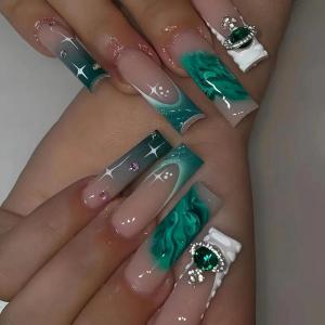image:imageBABALAL Winter Press on Nails Long Square Fake Nails Black French Tip Glitter Bling Glue on Snowflake Charm Luxury New Year Design 24Pcs Full Cover False Acrylic Nails New YearANRb15green