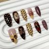 image:imageBABALAL Press on Nails Almond Medium Fake Nails Brown Tortoise French Tip Glue ons Gold Chrome Sun Star Design 3D Handmade 24Pcs Glossy Acrylic False NailsCNB101