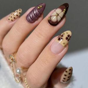 image:imageBABALAL Press on Nails Almond Medium Fake Nails Brown Tortoise French Tip Glue ons Gold Chrome Sun Star Design 3D Handmade 24Pcs Glossy Acrylic False NailsCNB101