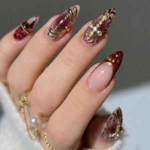 image:imageBABALAL Press on Nails Almond Medium Fake Nails Brown Tortoise French Tip Glue ons Gold Chrome Sun Star Design 3D Handmade 24Pcs Glossy Acrylic False NailsCNB106