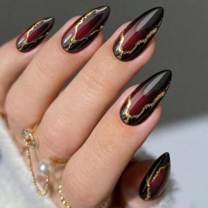 image:imageBABALAL Press on Nails Almond Medium Fake Nails Brown Tortoise French Tip Glue ons Gold Chrome Sun Star Design 3D Handmade 24Pcs Glossy Acrylic False NailsCNB105