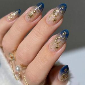 image:imageBABALAL Press on Nails Almond Medium Fake Nails Brown Tortoise French Tip Glue ons Gold Chrome Sun Star Design 3D Handmade 24Pcs Glossy Acrylic False NailsCNB103