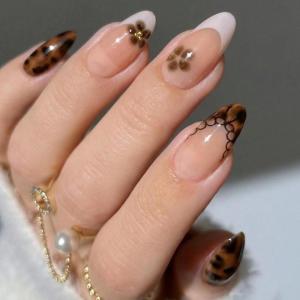 image:imageBABALAL Press on Nails Almond Medium Fake Nails Brown Tortoise French Tip Glue ons Gold Chrome Sun Star Design 3D Handmade 24Pcs Glossy Acrylic False NailsCNB109