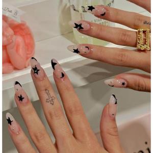 image:imageBABALAL Press on Nails Medium Square Fake Nails  Brown Tortoise Fall Acrylic French Tip Flower amp Polka Dot Print 24Pcs Glossy Full Cover False NailsFNf404