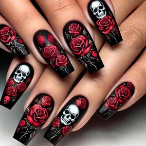 image:imageBABALAL Press on Nails Medium Square Fake Nails  Brown Tortoise Fall Acrylic French Tip Flower amp Polka Dot Print 24Pcs Glossy Full Cover False NailsFNf403blackred