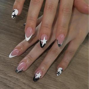 image:imageBABALAL Press on Nails Medium Square Fake Nails  Brown Tortoise Fall Acrylic French Tip Flower amp Polka Dot Print 24Pcs Glossy Full Cover False NailsFNf406star