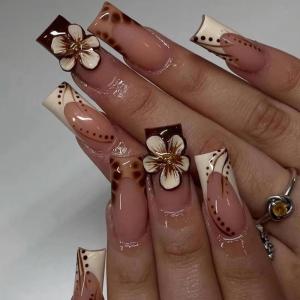 image:imageBABALAL Press on Nails Medium Square Fake Nails  Brown Tortoise Fall Acrylic French Tip Flower amp Polka Dot Print 24Pcs Glossy Full Cover False NailsFNf404brown