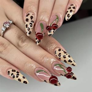 image:imageBABALAL Press on Nails Medium Square Fake Nails  Brown Tortoise Fall Acrylic French Tip Flower amp Polka Dot Print 24Pcs Glossy Full Cover False NailsFNf403cheetahry