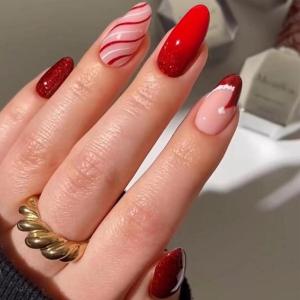 image:imageBABALAL Press on Nails Short Oval Fake Nails Christmas Hat French Tip Glue on Red Glitter Design Bling Xmas Candy Cane Stick on Acrylic False Nails 24Pcs Round Manicure