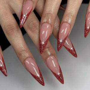 image:imageBABALAL Press on Nails Long Stiletto Fake Nails Ruby Red French Tip Glue on Star Design Acrylic False Nails 24Pcs Almond Glossy Stick onANS202