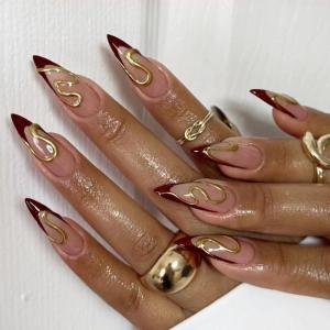 image:imageBABALAL Press on Nails Long Stiletto Fake Nails Ruby Red French Tip Glue on Star Design Acrylic False Nails 24Pcs Almond Glossy Stick onANS217