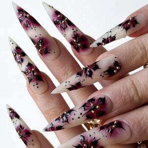 image:imageBABALAL Press on Nails Long Stiletto Fake Nails Ruby Red French Tip Glue on Star Design Acrylic False Nails 24Pcs Almond Glossy Stick onANS217flower