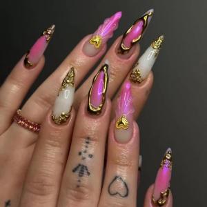image:imageBABALAL Press on Nails Long Stiletto Fake Nails Ruby Red French Tip Glue on Star Design Acrylic False Nails 24Pcs Almond Glossy Stick onANS217pinkgold