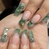 image:imageBABALAL Green Press on Medium Squoval False Nails  French Tip Acrylic Nails 24 Pcs  Gold Design