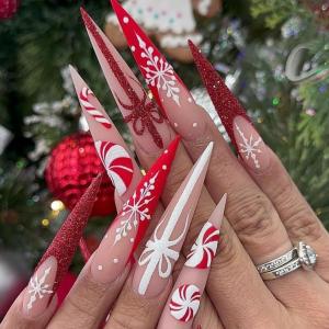 image:imageBABALAL Christmas Press on Nails Long Stiletto Fake Nails Red French Glue on Snowflake Xmas Candy Cane Design 24Pcs Almond Matte Stick on Acrylic False Nails Manicureanxmas10