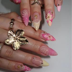 image:imageBABALAL Press on False Nails Medium Almond Fake Nails Pink Heart Cherry Full Cover Stick on Acrylic Glue on Nails for Women 24PcsBNM01