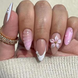 image:imageBABALAL Press on False Nails Medium Almond Fake Nails Pink Heart Cherry Full Cover Stick on Acrylic Glue on Nails for Women 24PcsBNM12