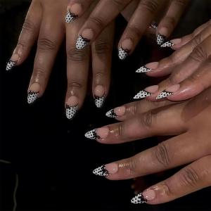 image:imageBABALAL Press on False Nails Medium Almond Fake Nails Pink Heart Cherry Full Cover Stick on Acrylic Glue on Nails for Women 24PcsBNM13polkadot