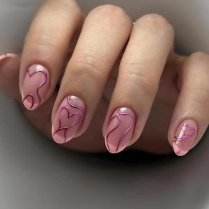 image:imageBABALAL Press on False Nails Medium Almond Fake Nails Pink Heart Cherry Full Cover Stick on Acrylic Glue on Nails for Women 24PcsBNM20