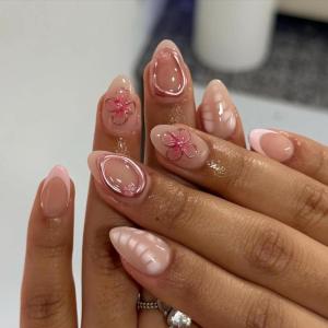 image:imageBABALAL Press on False Nails Medium Almond Fake Nails Pink Heart Cherry Full Cover Stick on Acrylic Glue on Nails for Women 24PcsBNM21