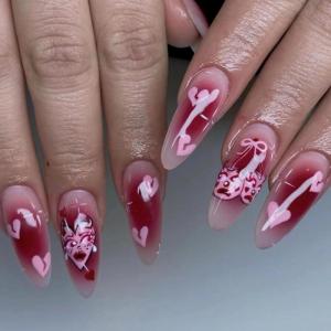 image:imageBABALAL Press on False Nails Medium Almond Fake Nails Pink Heart Cherry Full Cover Stick on Acrylic Glue on Nails for Women 24PcsBNm26