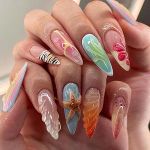 image:imageBABALAL Press on Nails Almond Medium Fake Nails Blue Orange Glue on 3D Texture Flower Design Handmade Acrylic False Nails Starfish 24Pcs Stiletto Stick on